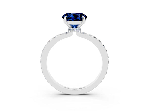 Platinum Round Cut Blue Sapphire Pavé Engagement Ring with Round  Accents and Prong Setting
