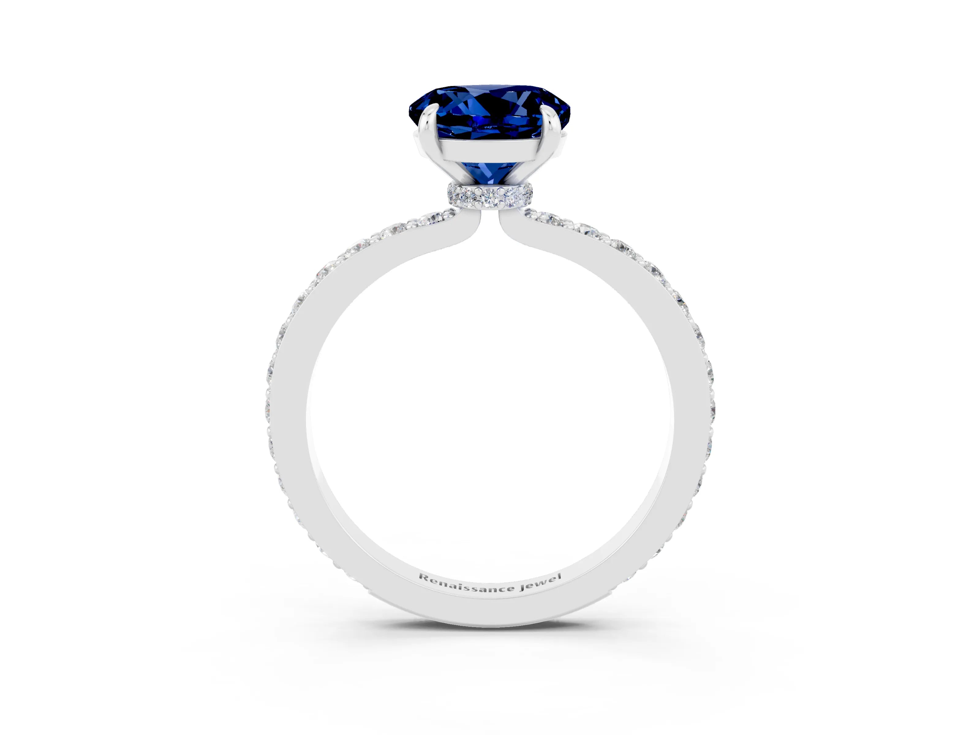 White gold Round Cut Blue Sapphire Pavé Engagement Ring with Round  Accents and Prong Setting_27