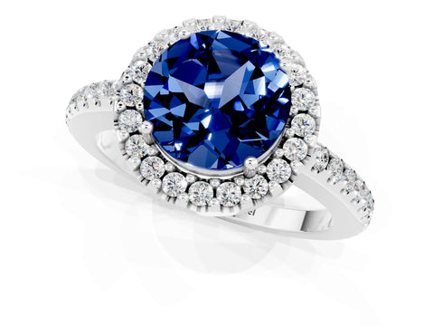 White gold Round Cut Blue Sapphire Pavé Halo Ring with Four-Prong Setting_13