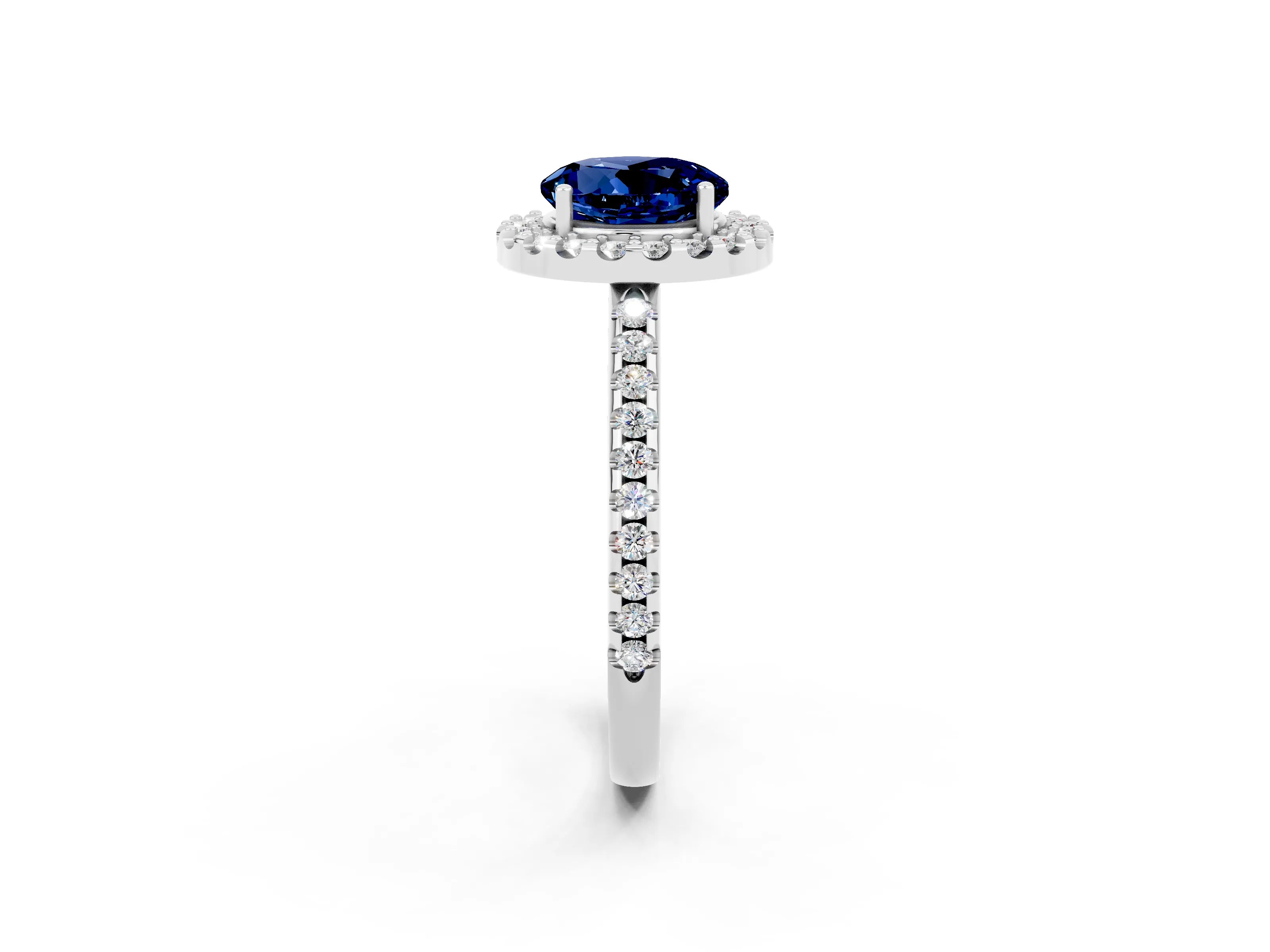White gold Round Cut Blue Sapphire Pavé Halo Ring with Four-Prong Setting_14