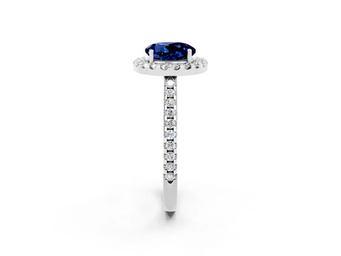 White gold Round Cut Blue Sapphire Pavé Halo Ring with Four-Prong Setting_14