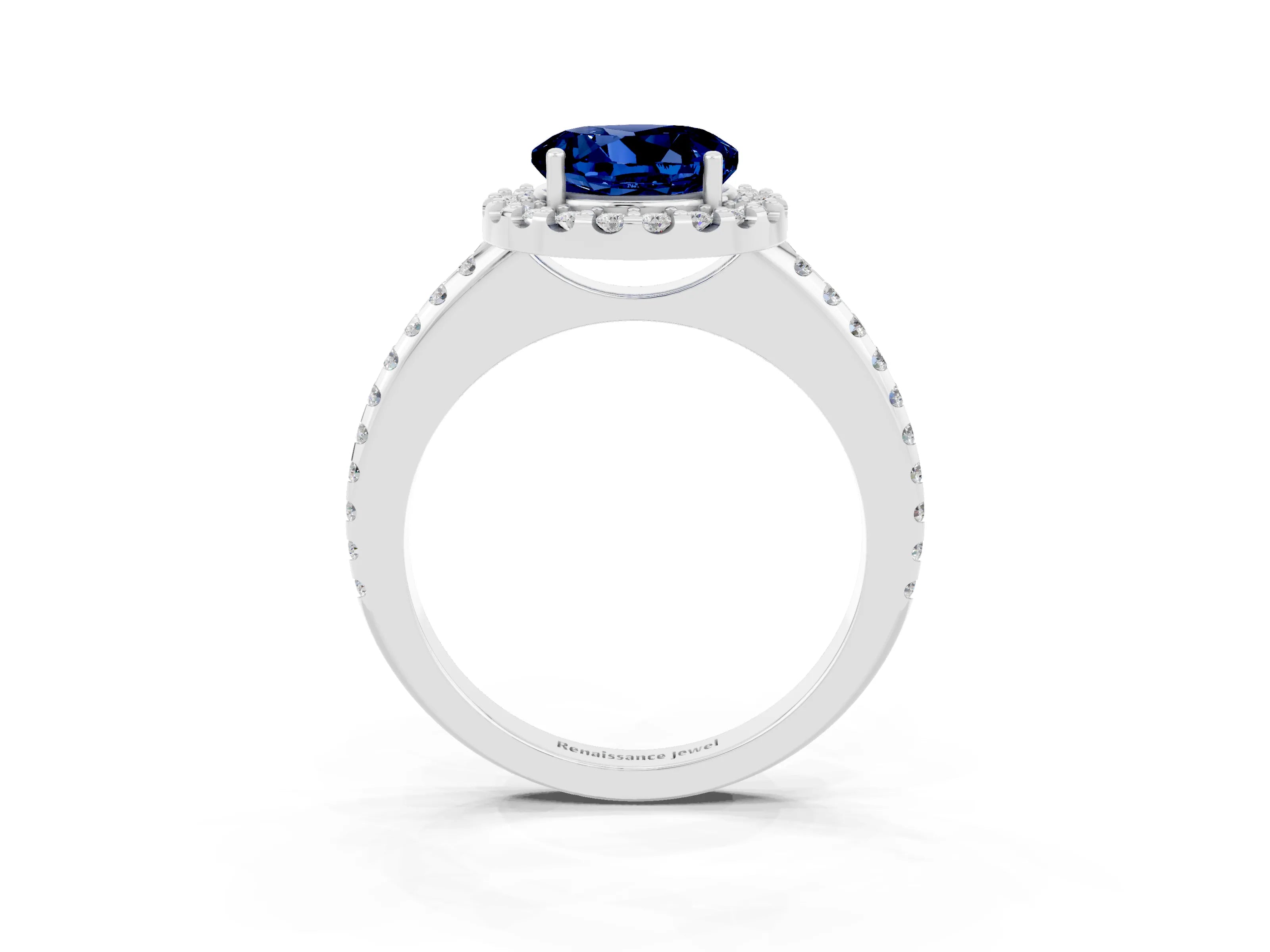 White gold Round Cut Blue Sapphire Pavé Halo Ring with Four-Prong Setting_15
