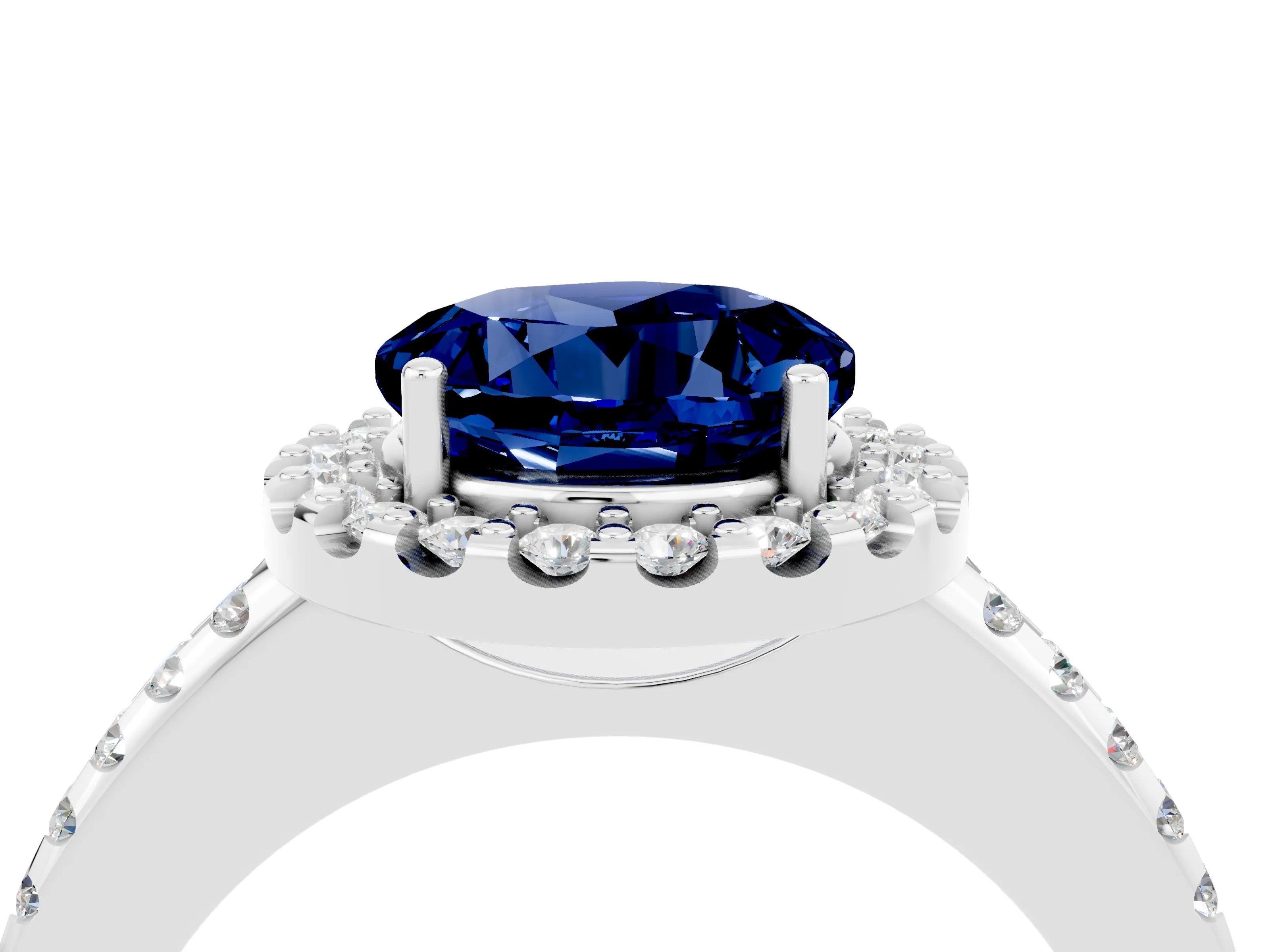White gold Round Cut Blue Sapphire Pavé Halo Ring with Four-Prong Setting_16
