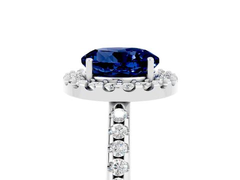 White gold Round Cut Blue Sapphire Pavé Halo Ring with Four-Prong Setting_17