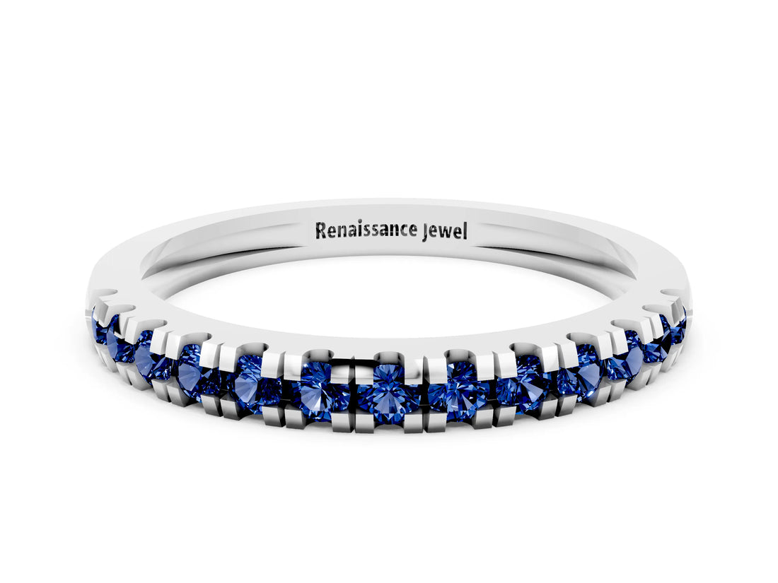 White gold Round Cut Blue Sapphire Pavé Set Thin Band