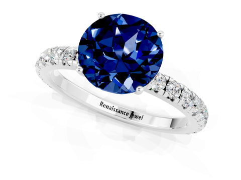 White gold Round Cut Blue Sapphire Pavé Solitaire Engagement Ring with Four-Prong Setting_13