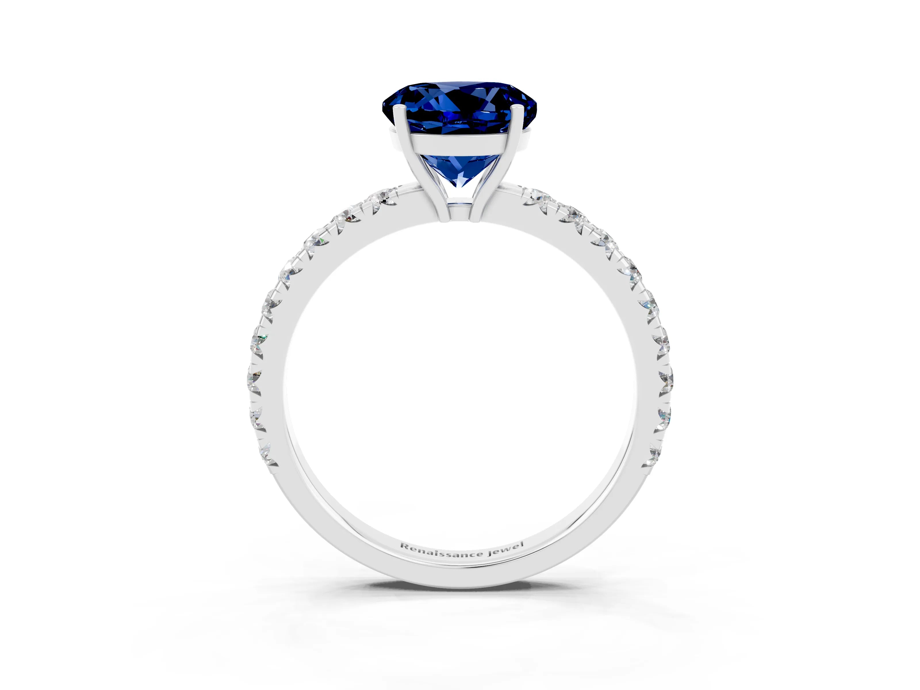 White gold Round Cut Blue Sapphire Pavé Solitaire Engagement Ring with Four-Prong Setting_15