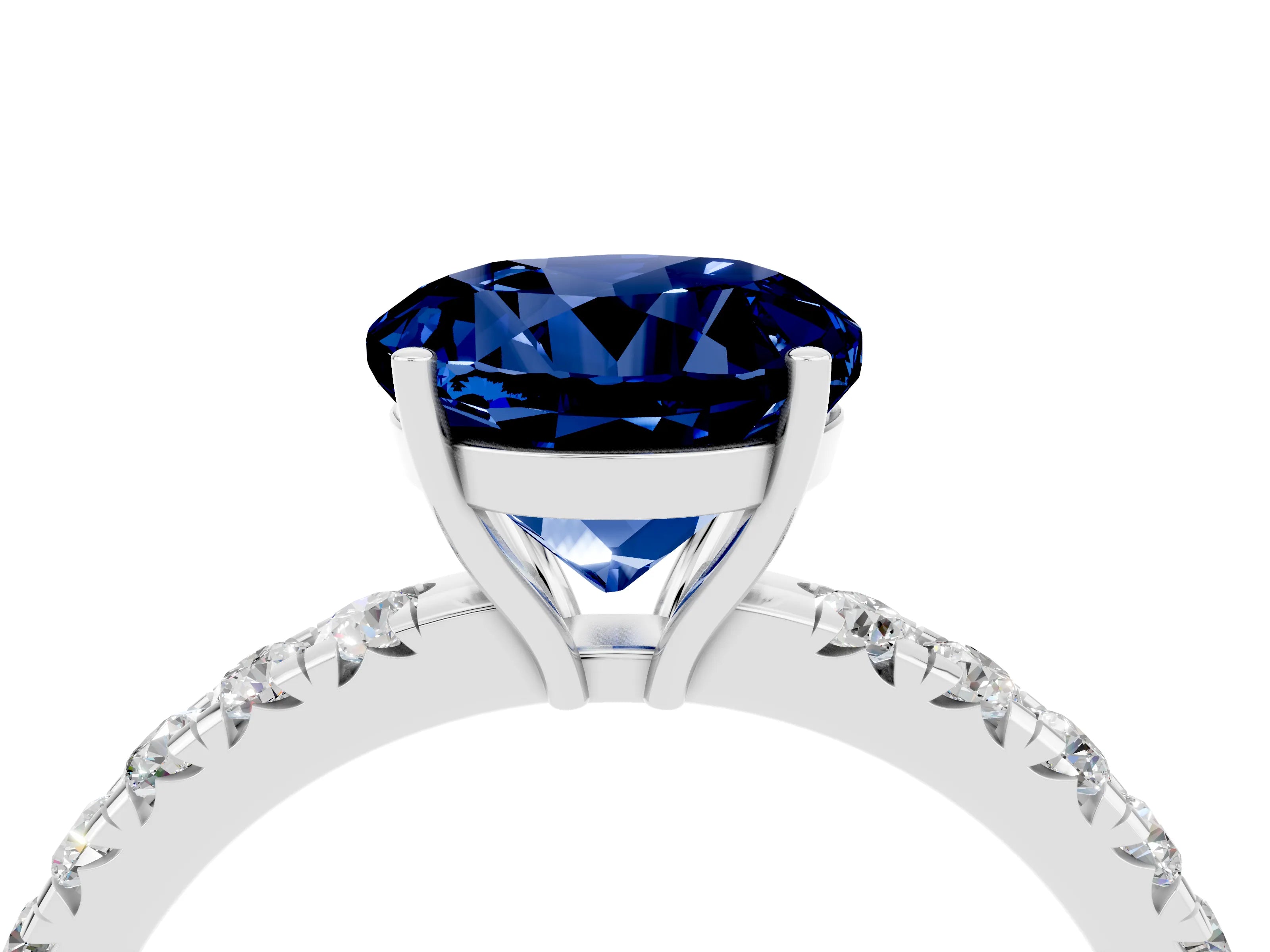 White gold Round Cut Blue Sapphire Pavé Solitaire Engagement Ring with Four-Prong Setting_16