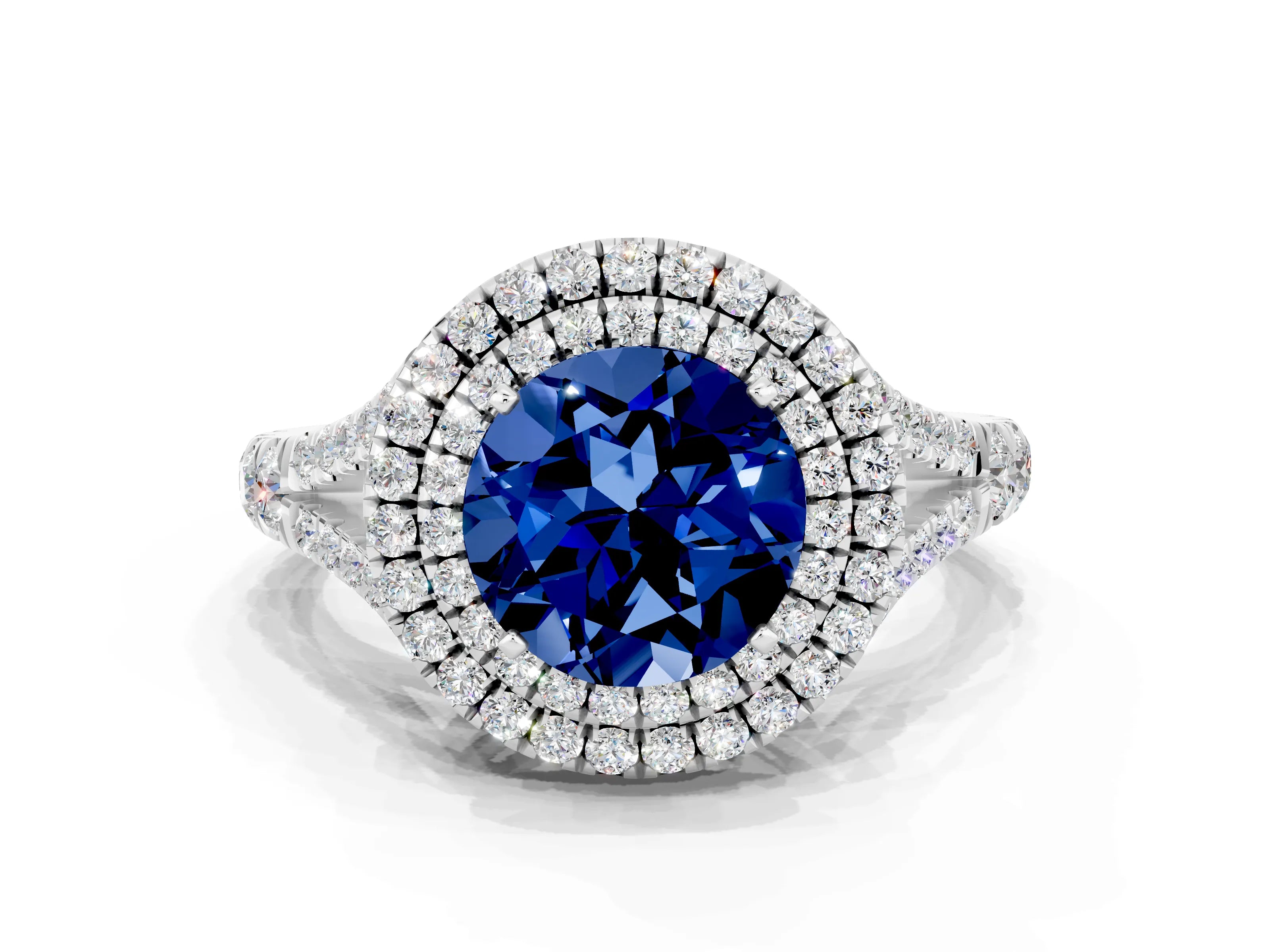 White gold Round Cut Blue Sapphire Pavé Split Shank Double Halo Engagement Ring