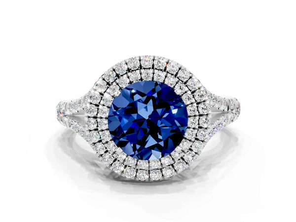 Platinum Round Cut Blue Sapphire Pavé Split Shank Double Halo Engagement Ring
