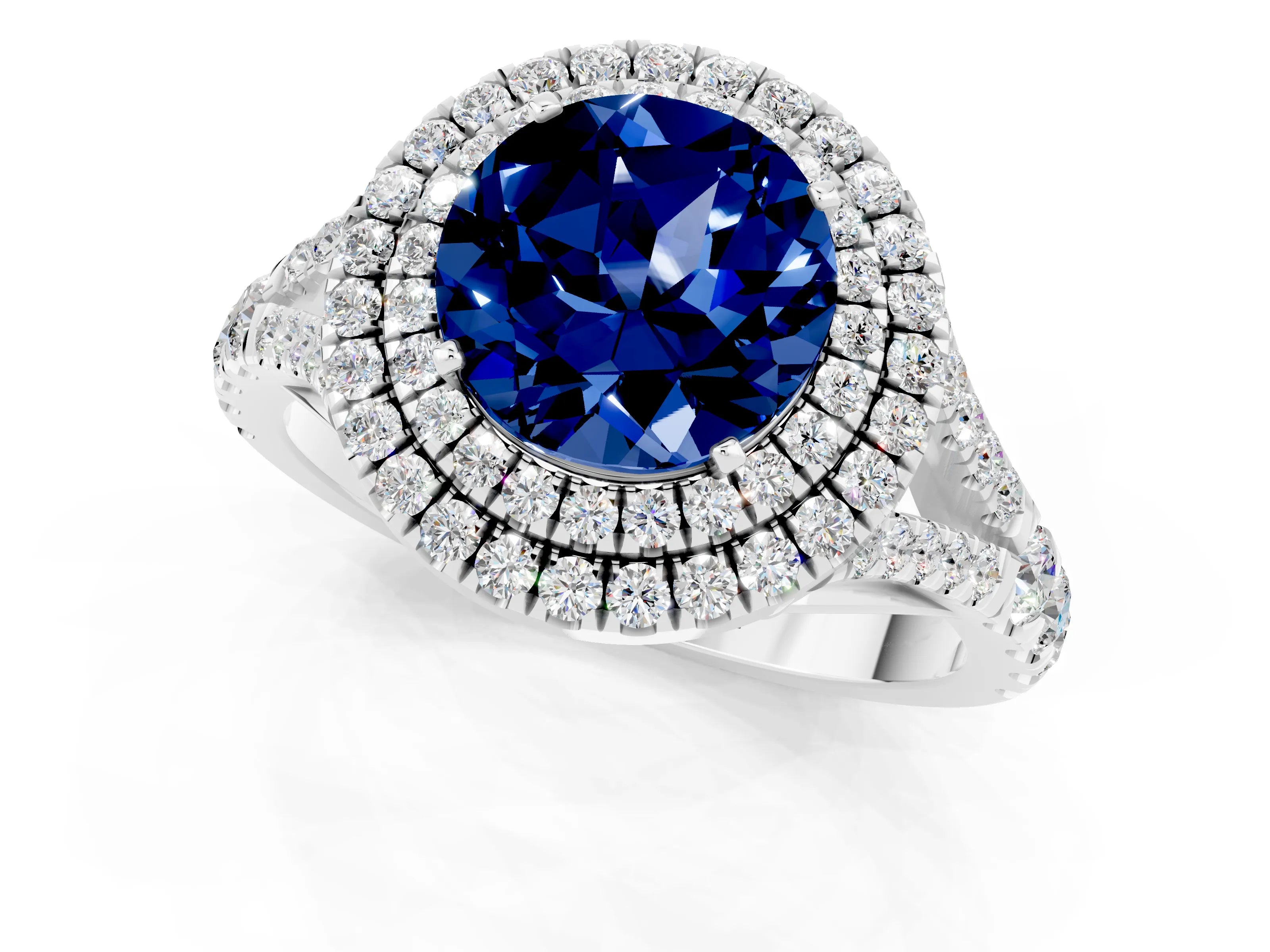 White gold Round Cut Blue Sapphire Pavé Split Shank Double Halo Engagement Ring_1