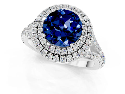 White gold Round Cut Blue Sapphire Pavé Split Shank Double Halo Engagement Ring_1