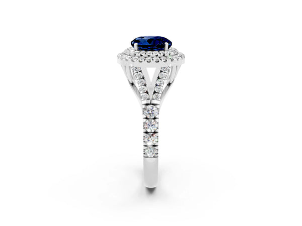 Platinum Round Cut Blue Sapphire Pavé Split Shank Double Halo Engagement Ring