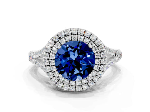White gold Round Cut Blue Sapphire Pavé Split Shank Double Halo Engagement Ring