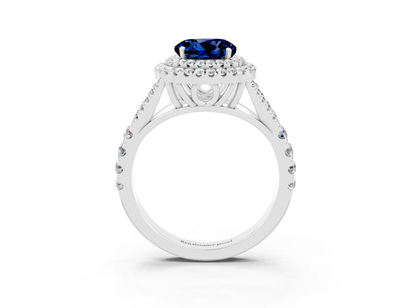 Silver Round Cut Blue Sapphire Pavé Split Shank Double Halo Engagement Ring