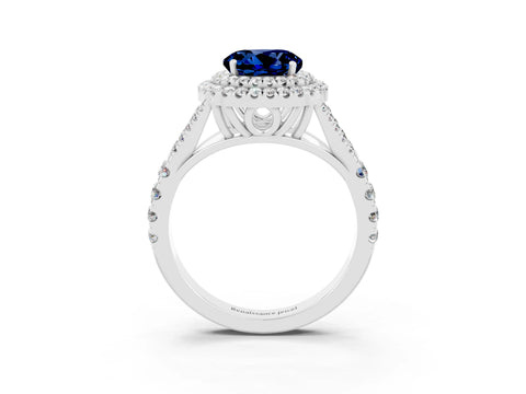 White gold Round Cut Blue Sapphire Pavé Split Shank Double Halo Engagement Ring_3