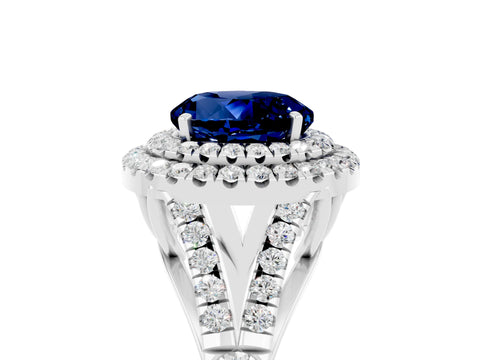 White gold Round Cut Blue Sapphire Pavé Split Shank Double Halo Engagement Ring_5