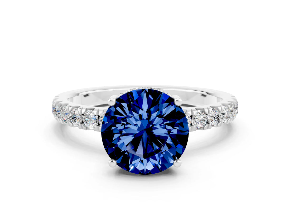 White gold Round Cut Blue Sapphire Pave Band Solitaire Ring with Four-Prong Setting_24