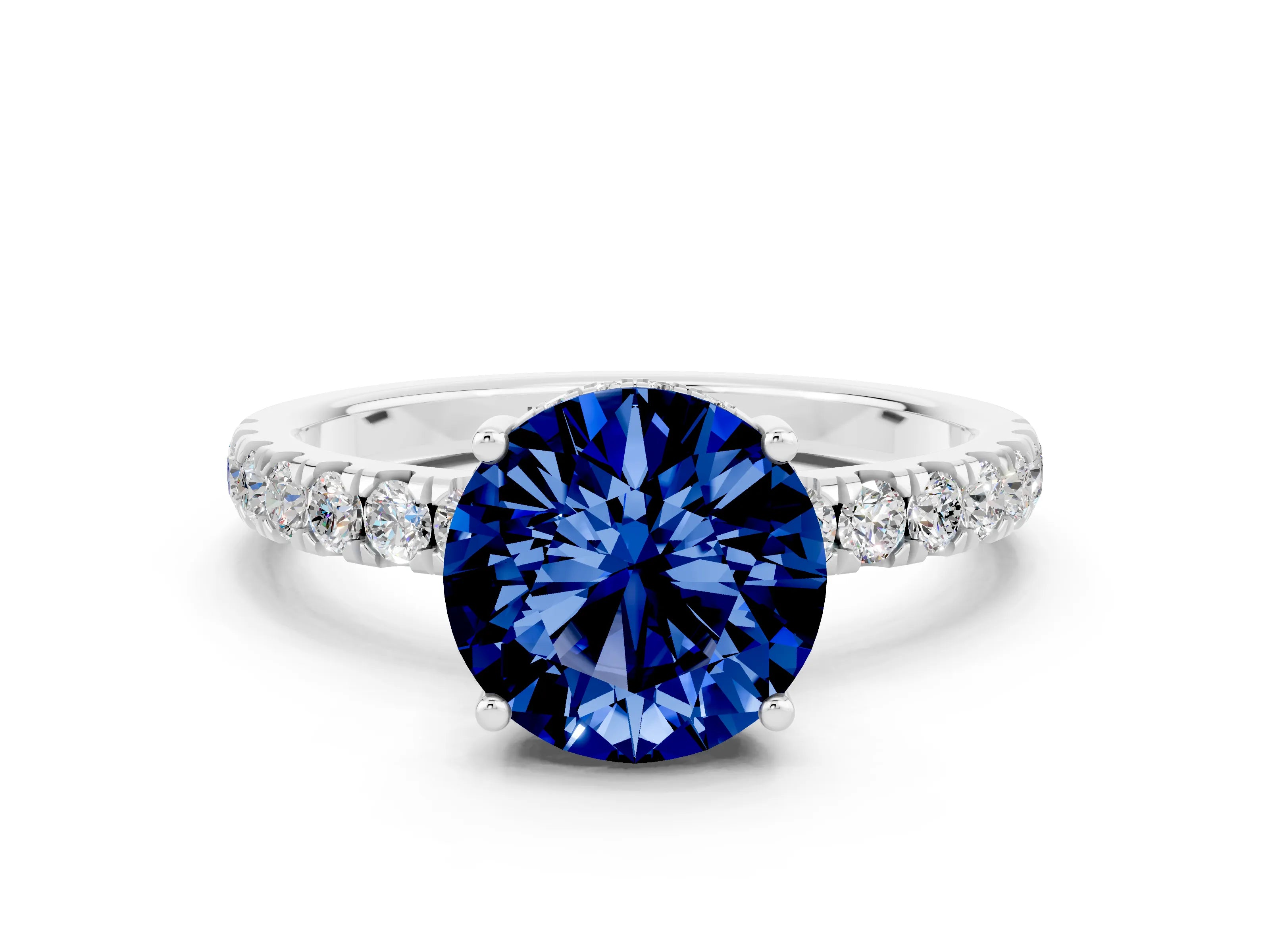 White gold Round Cut Blue Sapphire Pave Band Solitaire Ring with Four-Prong Setting_24