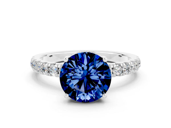White gold Round Cut Blue Sapphire Pave Band Solitaire Ring with Round  and Prong Setting