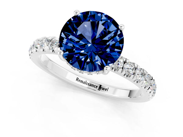 Platinum Round Cut Blue Sapphire Pave Band Solitaire Ring with Round  and Prong Setting
