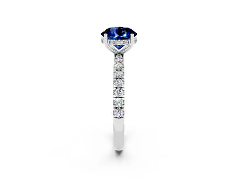 White gold Round Cut Blue Sapphire Pave Band Solitaire Ring with Four-Prong Setting_26
