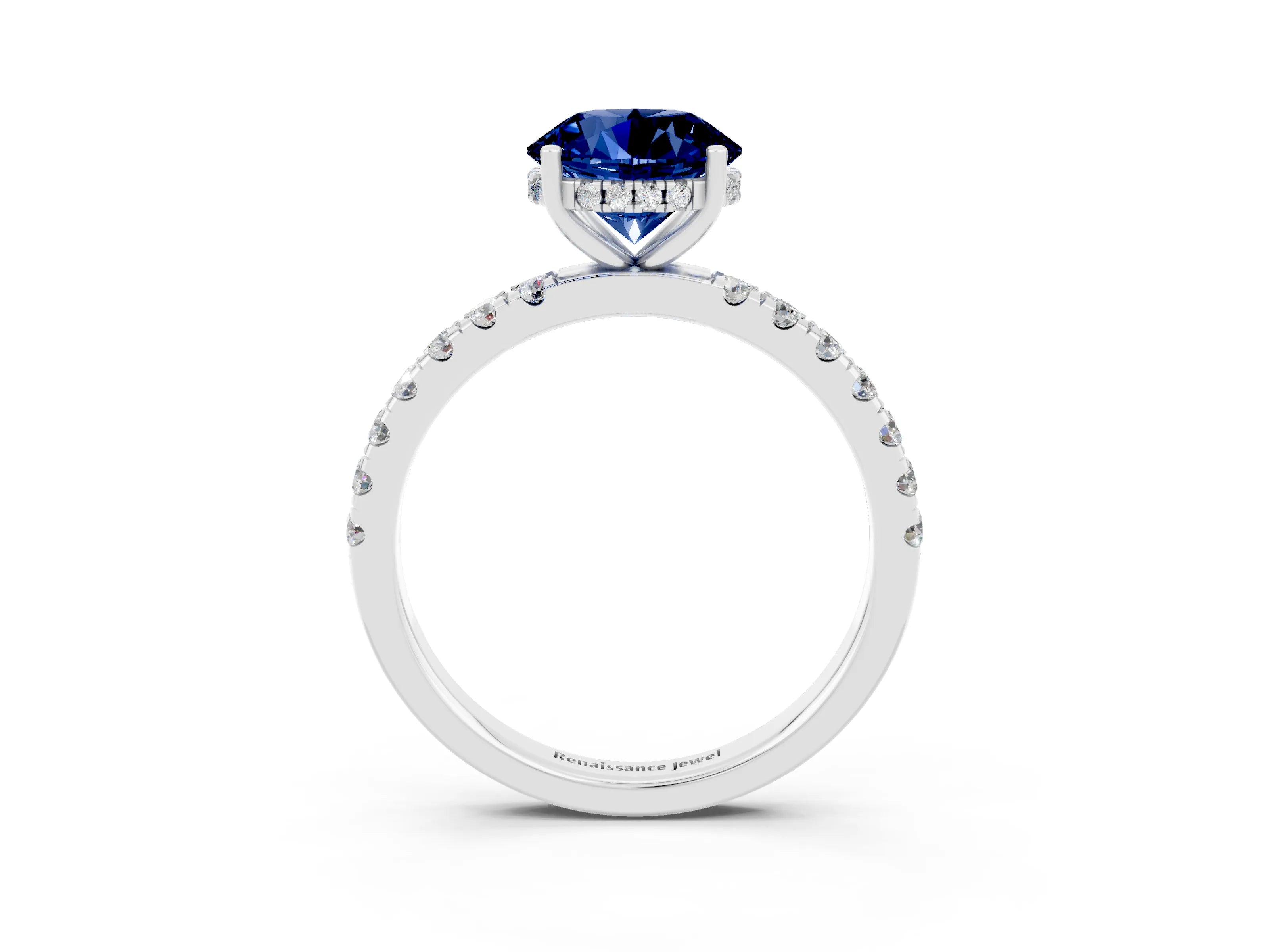 White gold Round Cut Blue Sapphire Pave Band Solitaire Ring with Four-Prong Setting_27