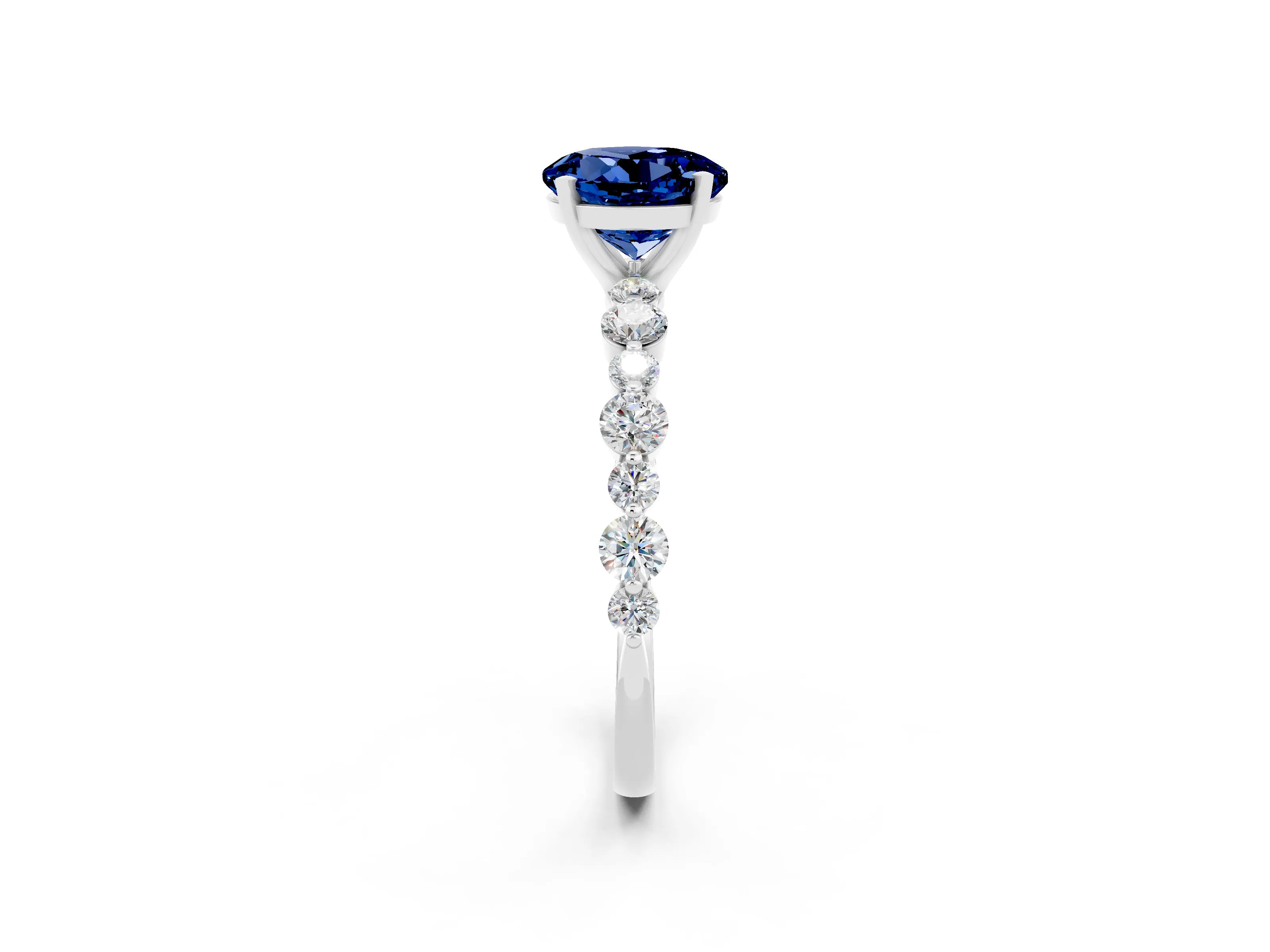 White gold Round Cut Blue Sapphire Prong Set Engagement Ring with Pavé Band_2