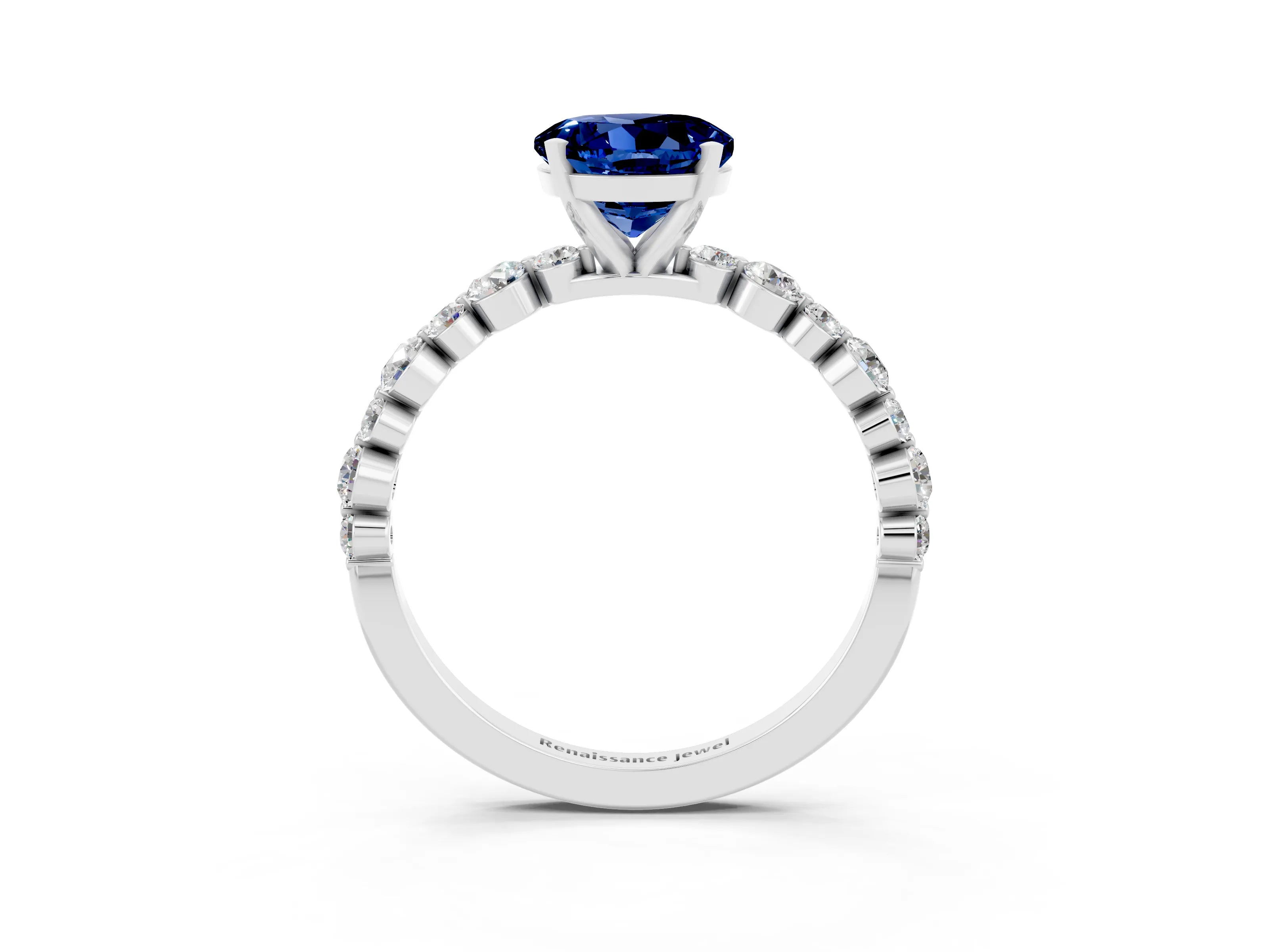 White gold Round Cut Blue Sapphire Prong Set Engagement Ring with Pavé Band_3
