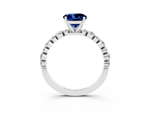 White gold Round Cut Blue Sapphire Prong Set Engagement Ring with Pavé Band_3