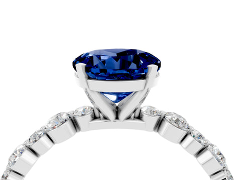 White gold Round Cut Blue Sapphire Prong Set Engagement Ring with Pavé Band_4