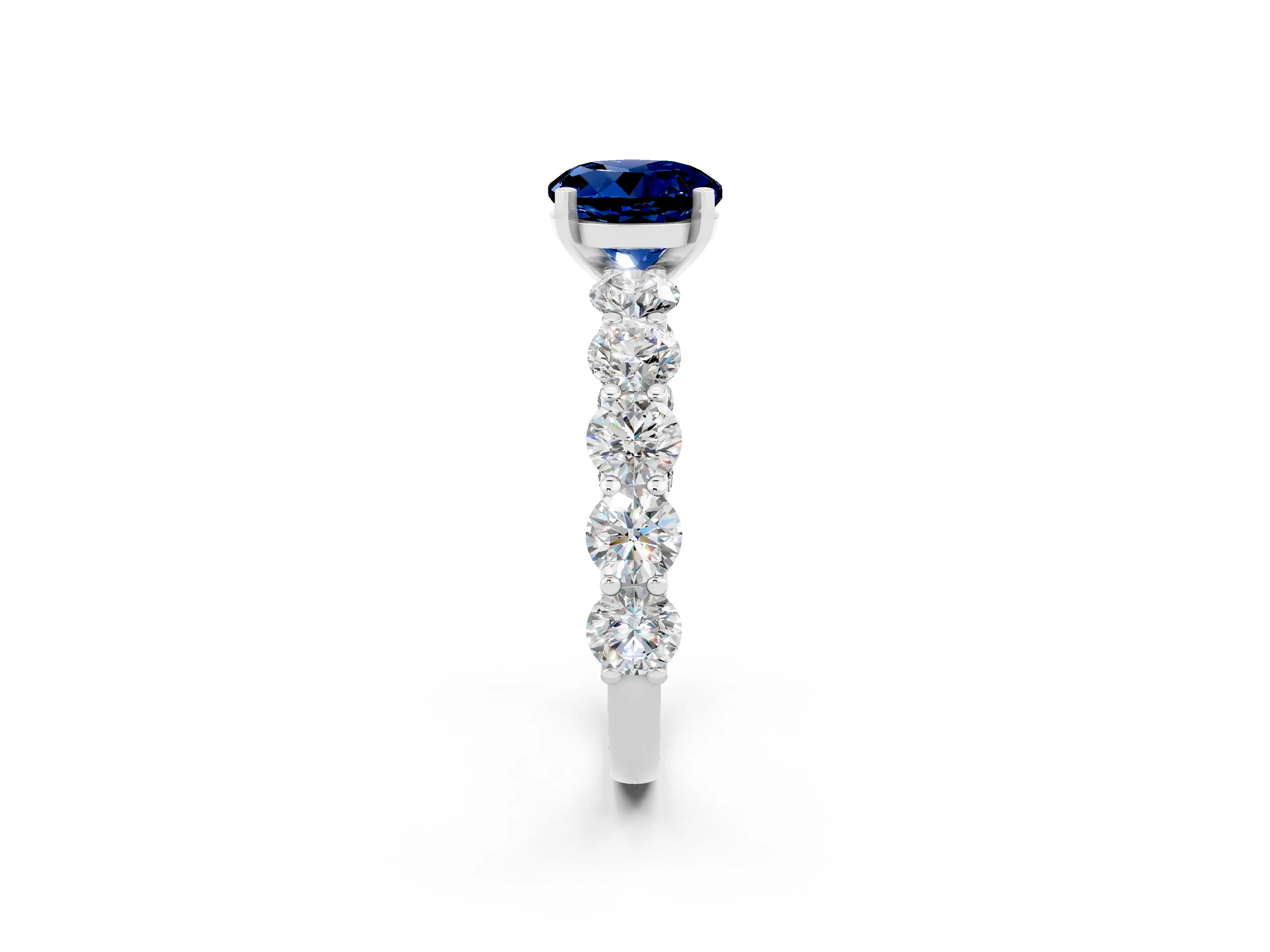 White gold Round Cut Blue Sapphire Prong Setting with Side Stones on a Pave Band_2