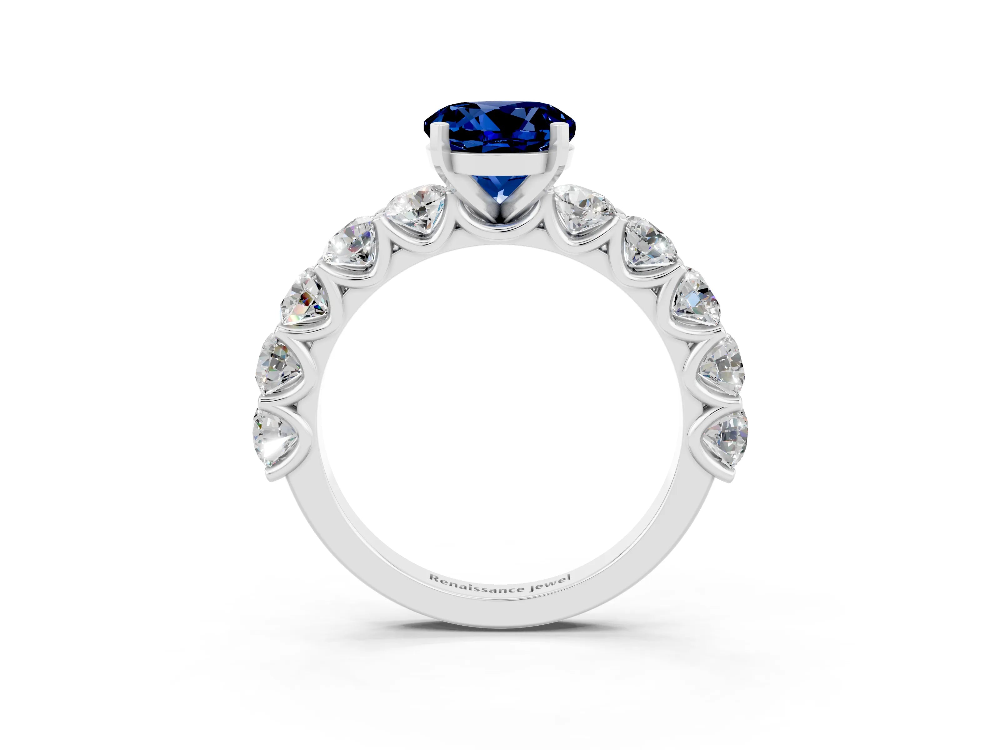 White gold Round Cut Blue Sapphire Prong Setting with Side Stones on a Pave Band_3