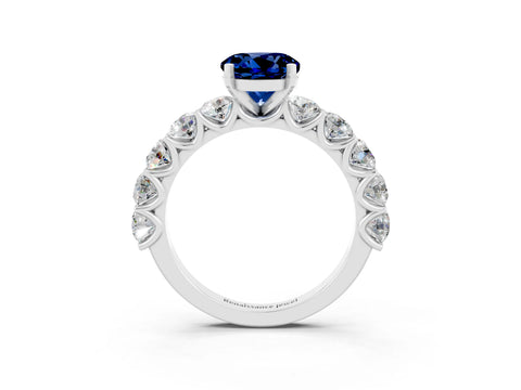 White gold Round Cut Blue Sapphire Prong Setting with Side Stones on a Pave Band_3