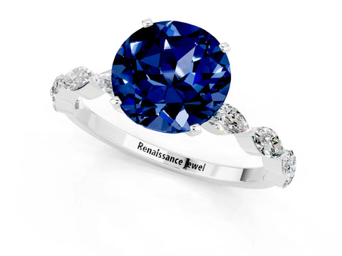 White gold Round Cut Blue Sapphire Ring with Marquise Side Stones and Prong Setting_1