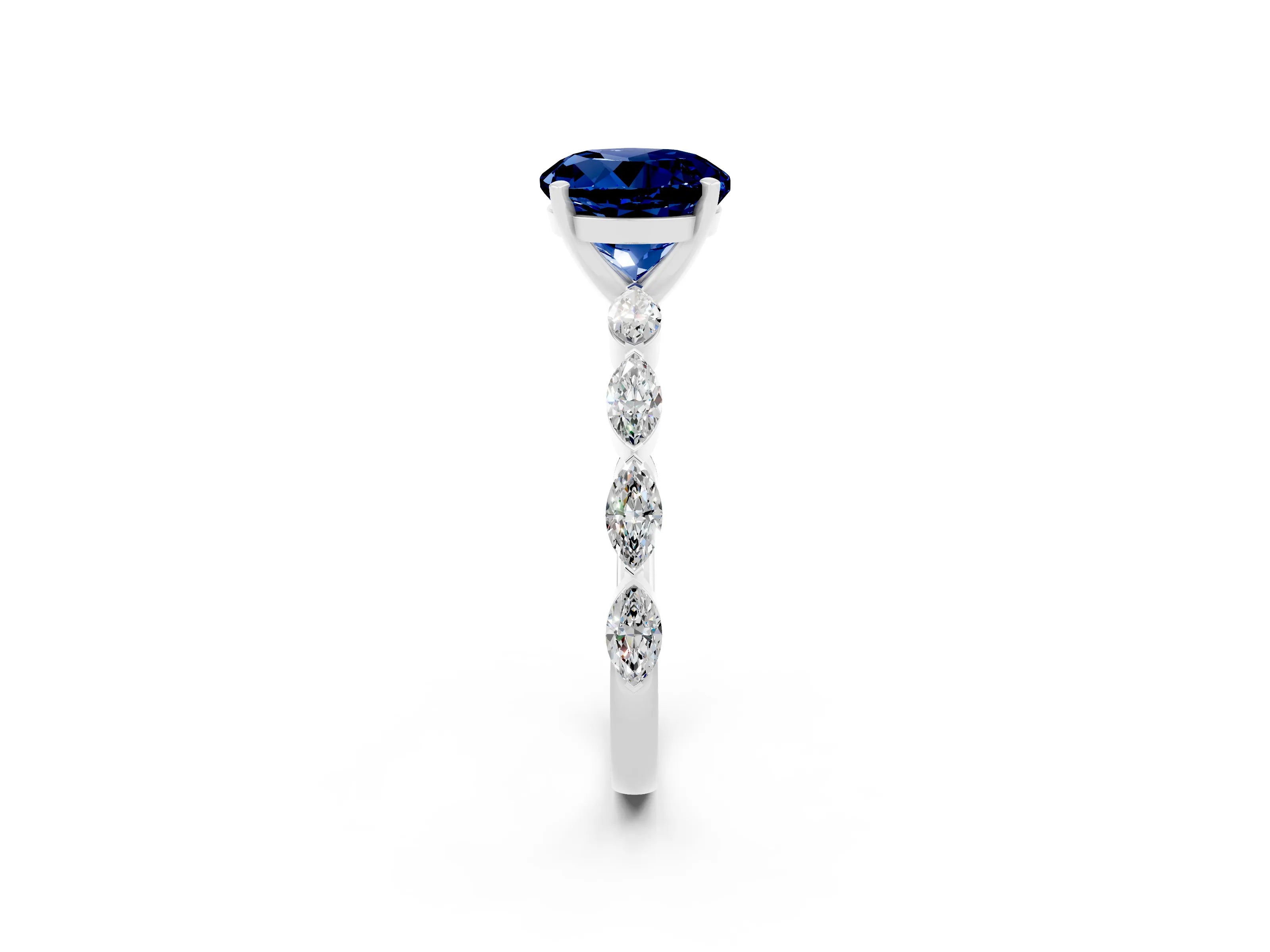 White gold Round Cut Blue Sapphire Ring with Marquise Side Stones and Prong Setting_2