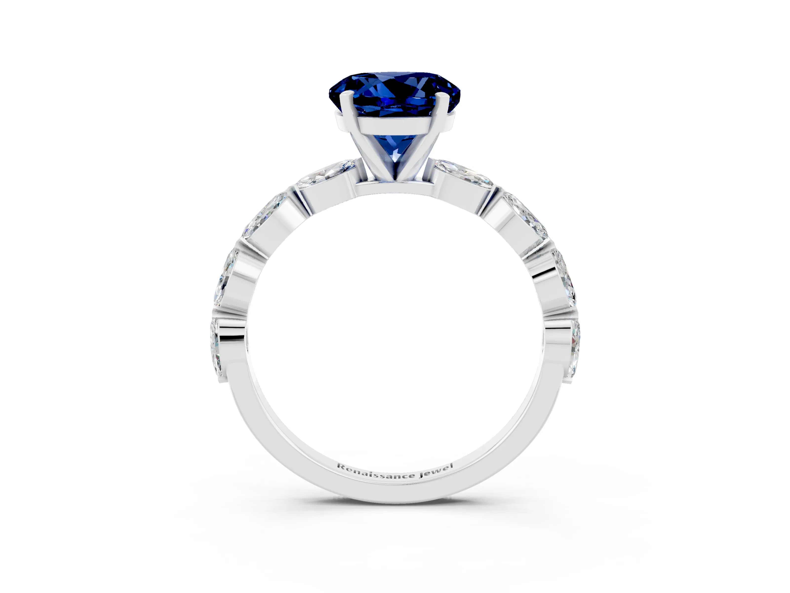 White gold Round Cut Blue Sapphire Ring with Marquise Side Stones and Prong Setting_3