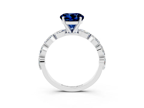 White gold Round Cut Blue Sapphire Ring with Marquise Side Stones and Prong Setting_3