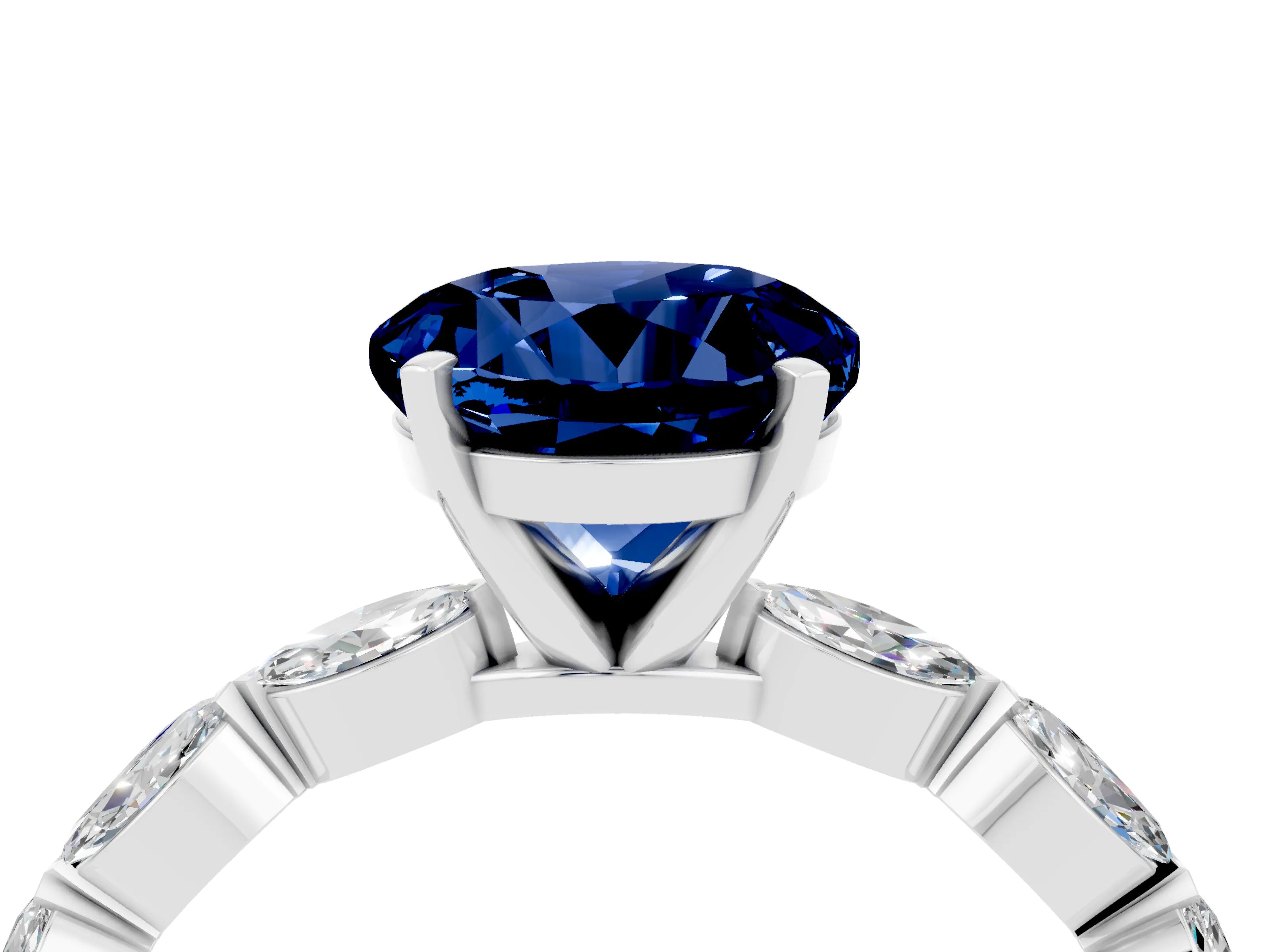 White gold Round Cut Blue Sapphire Ring with Marquise Side Stones and Prong Setting_4