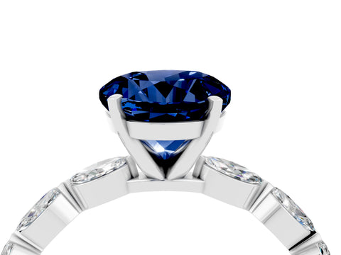 White gold Round Cut Blue Sapphire Ring with Marquise Side Stones and Prong Setting_4