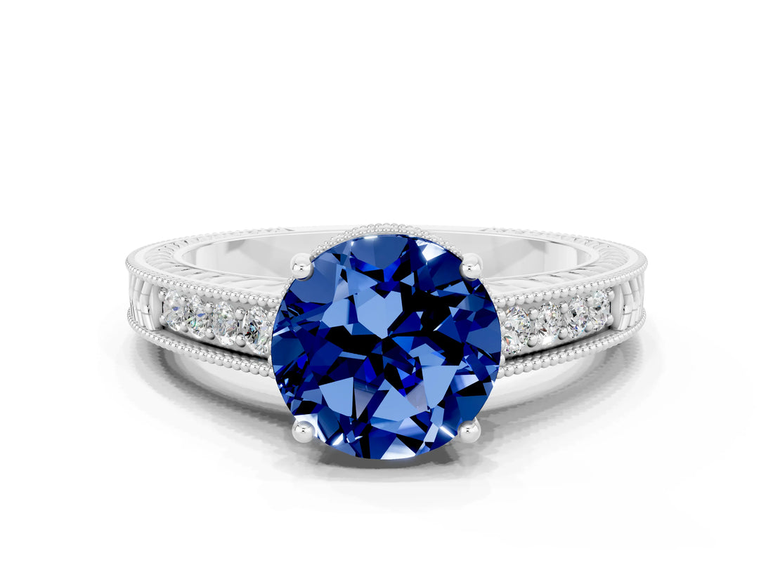 White gold Round Cut Blue Sapphire Ring with Milgrain Pavé Band and Four-Prong Setting_12