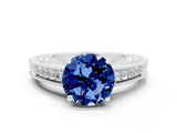 White gold Round Cut Blue Sapphire Ring with Milgrain Pavé Band and Four-Prong Setting_12
