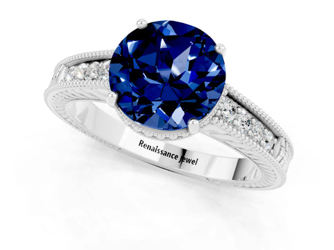 White gold Round Cut Blue Sapphire Ring with Milgrain Pavé Band and Four-Prong Setting_13