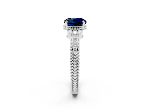 White gold Round Cut Blue Sapphire Ring with Milgrain Pavé Band and Four-Prong Setting_14