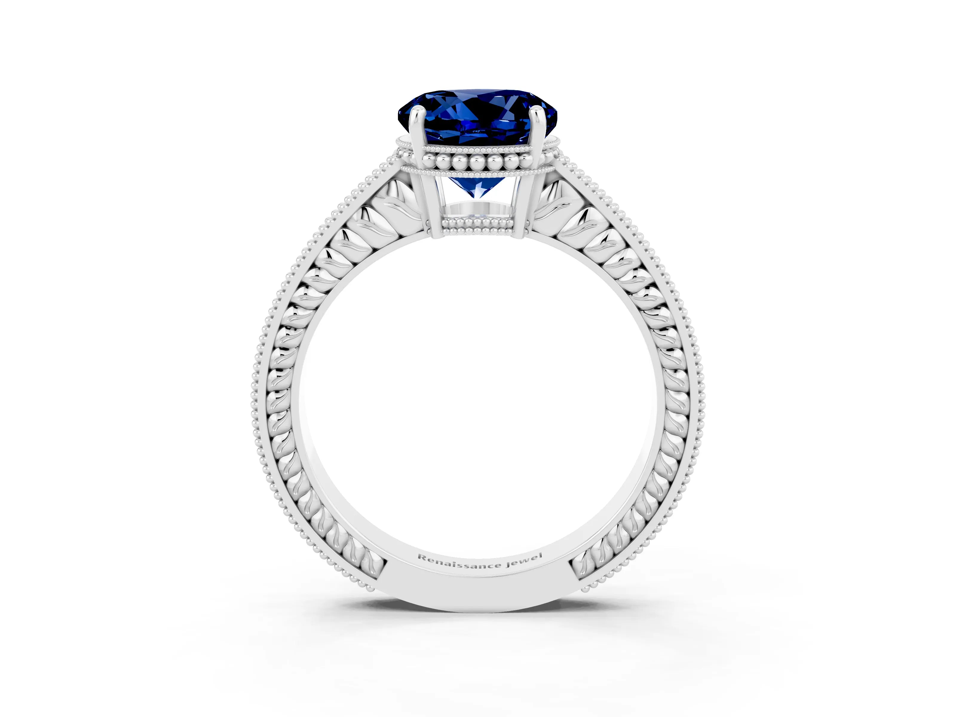 White gold Round Cut Blue Sapphire Ring with Milgrain Pavé Band and Four-Prong Setting_15
