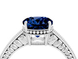 White gold Round Cut Blue Sapphire Ring with Milgrain Pavé Band and Four-Prong Setting_16
