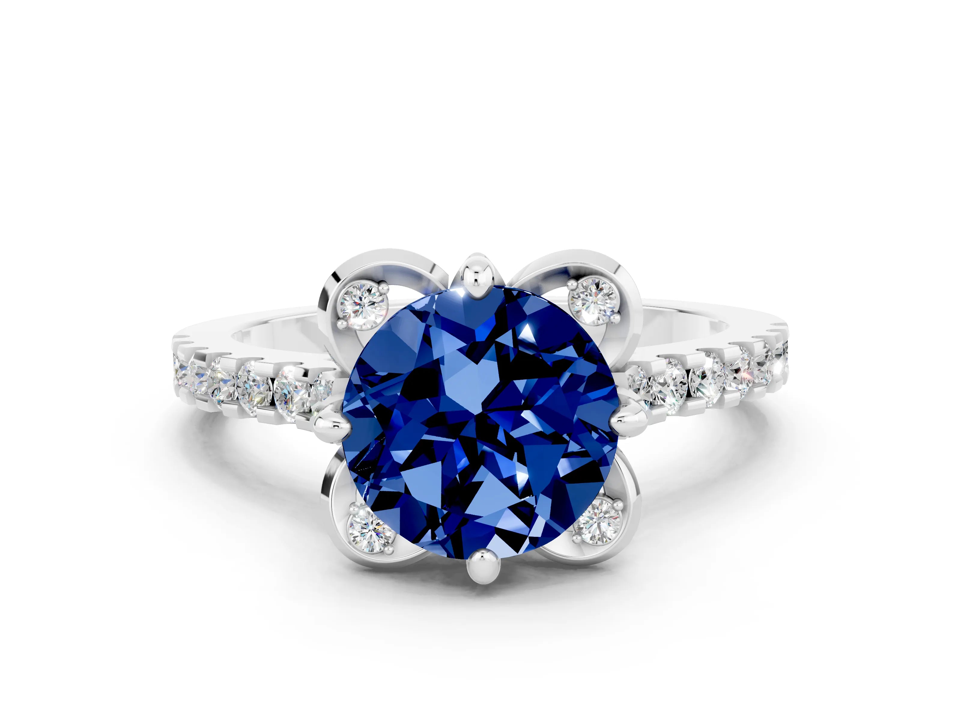 White gold Round Cut Blue Sapphire Ring with Pavé Band and Floral Prong Setting