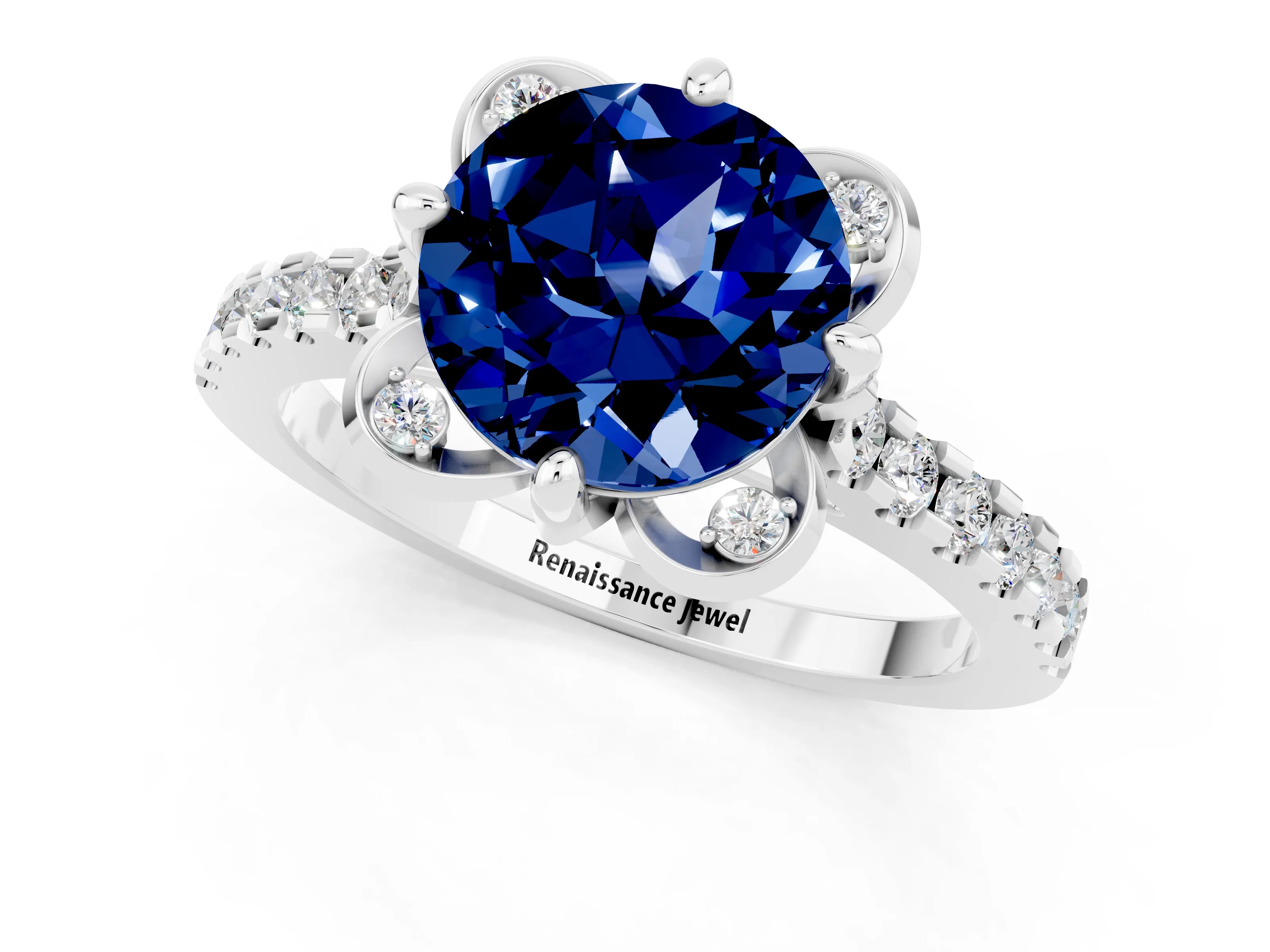 White gold Round Cut Blue Sapphire Ring with Pavé Band and Floral Prong Setting_1