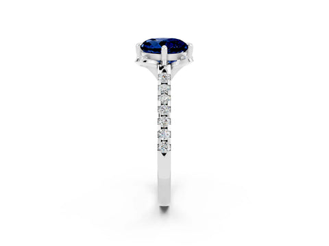 White gold Round Cut Blue Sapphire Ring with Pavé Band and Floral Prong Setting_2