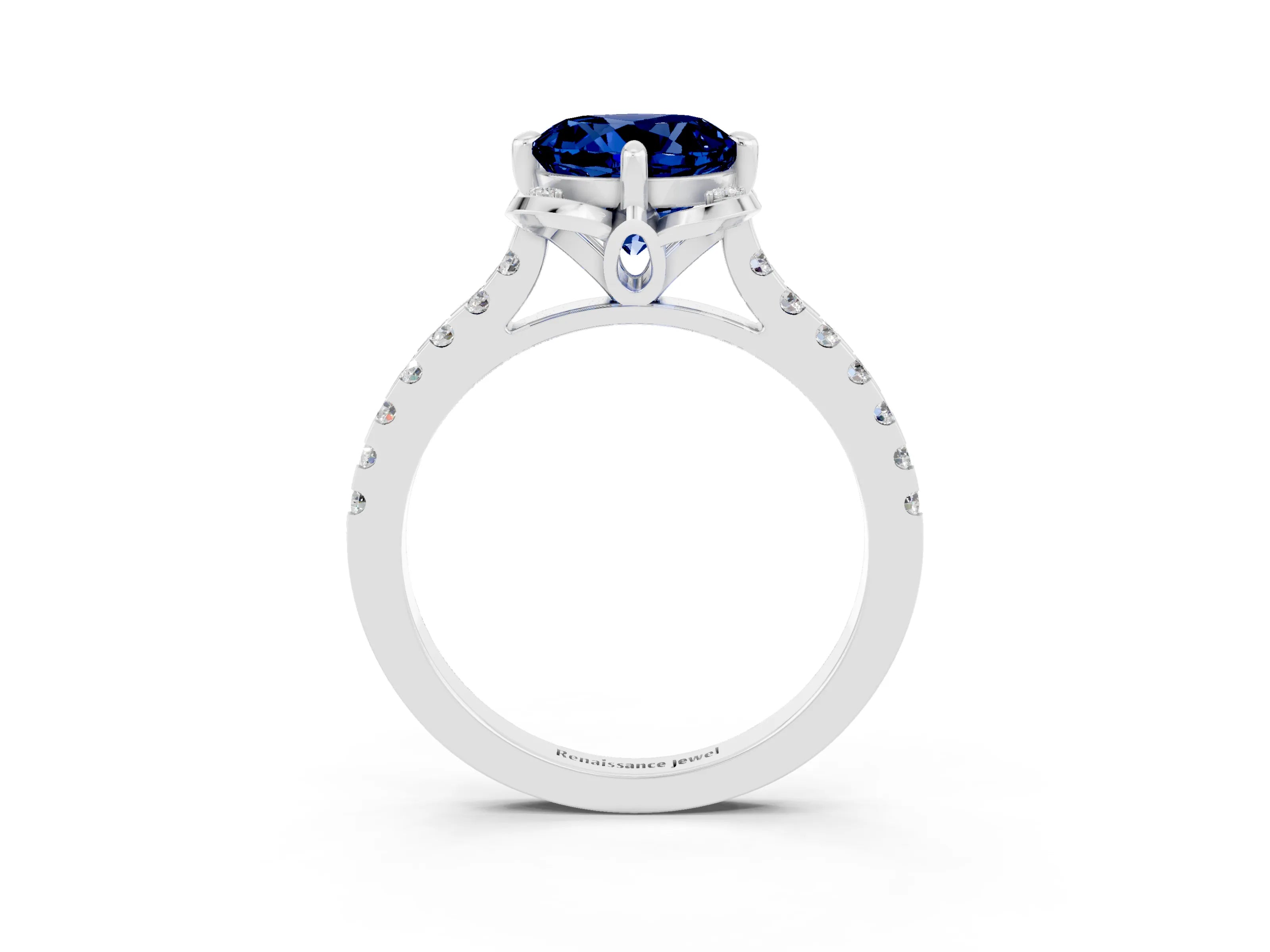 White gold Round Cut Blue Sapphire Ring with Pavé Band and Floral Prong Setting_3